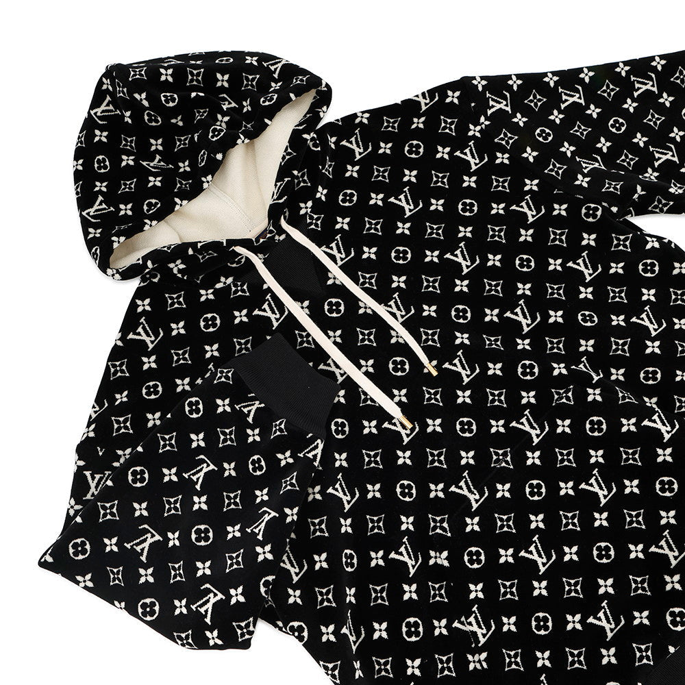 LOUIS VUITTON Monogram Velour Hoodie Size XL Black/WhiteRW231W Cotton100%