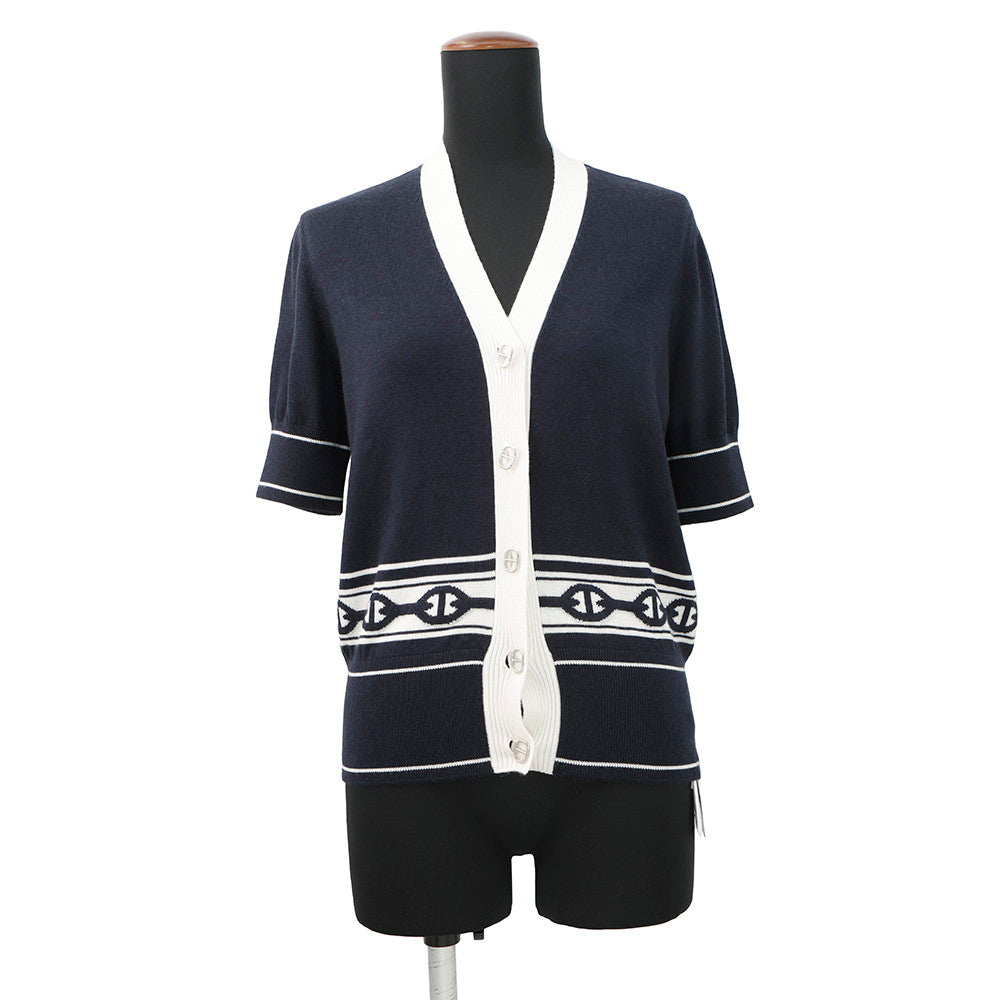 HERMES Chaine d'Ancre knit cardigan Size 36 Blue・NoirH5E2749DF Cashmere50% Silk50%