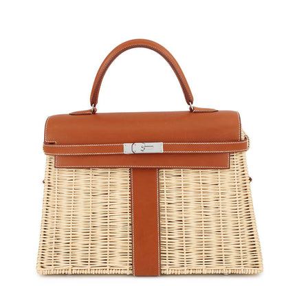 HERMES Kelly Picnic Natural/Fauve Rattan Barenia Leather Size 35