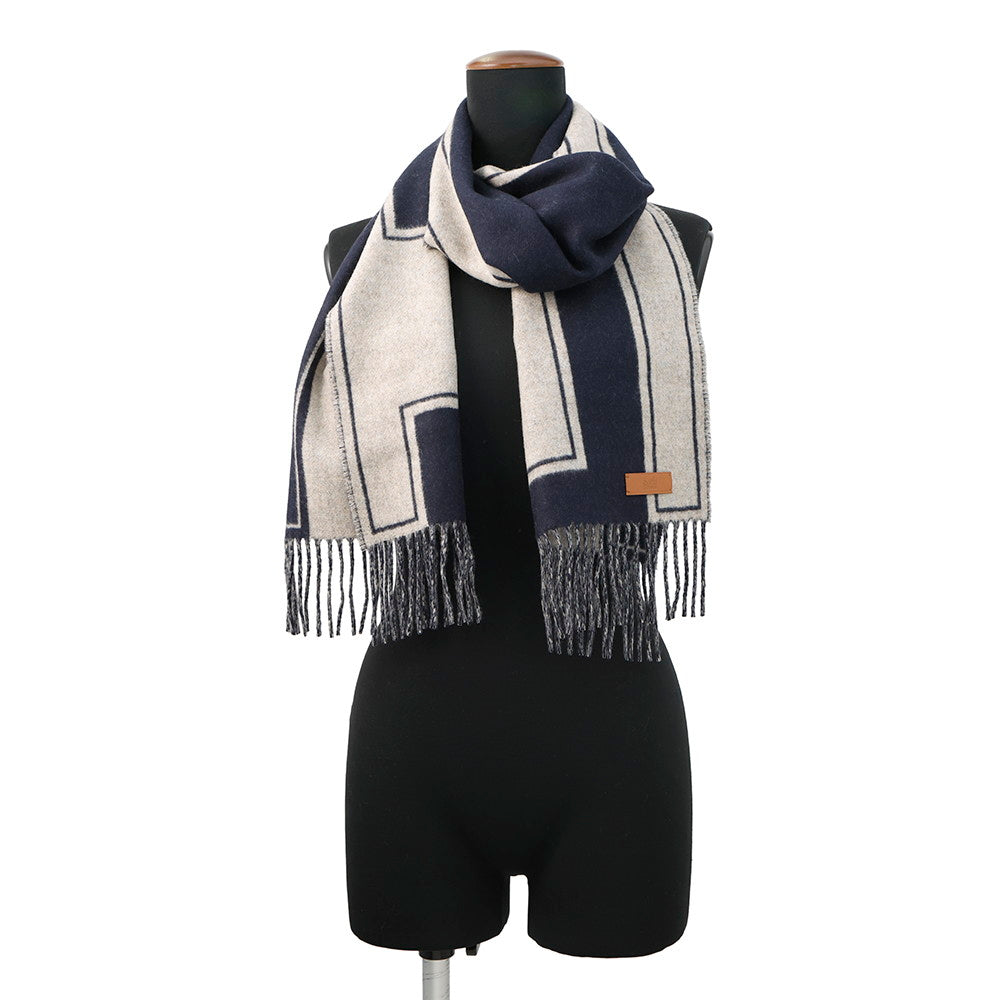 HERMES Scarf Craie de H Blue・Marine / Beige・Cine Cashmere100%