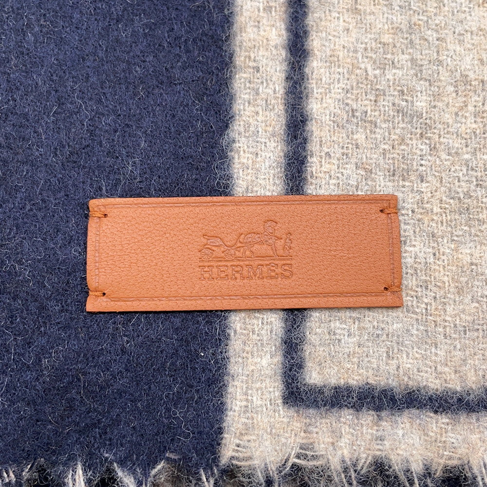 HERMES Scarf Craie de H Blue・Marine / Beige・Cine Cashmere100%