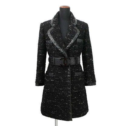 CHANEL Tweed Coat Size 38 BlackP57222 Acryl35% Polyester23% Nylon20% Cotton11% Wool 8% Rayon3% Leather