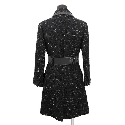 CHANEL Tweed Coat Size 38 BlackP57222 Acryl35% Polyester23% Nylon20% Cotton11% Wool 8% Rayon3% Leather