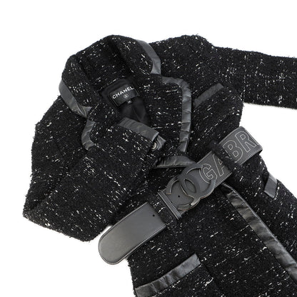 CHANEL Tweed Coat Size 38 BlackP57222 Acryl35% Polyester23% Nylon20% Cotton11% Wool 8% Rayon3% Leather