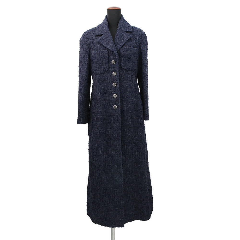 CHANEL Tweed long coat Size 36 NavyP73360 Wool 70% Acryl17% Viscose6%Cotton6% Polyamide1%