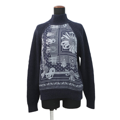 HERMES Horse Ribbon Twill High-Neck Knit Size 34 Navy Silk100% Cashmere99% Nylon1%