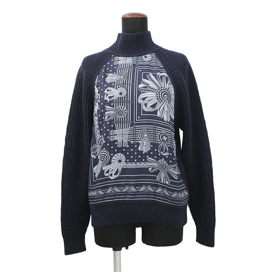 HERMES Horse Ribbon Twill High-Neck Knit Size 34 Navy Silk100% Cashmere99% Nylon1%