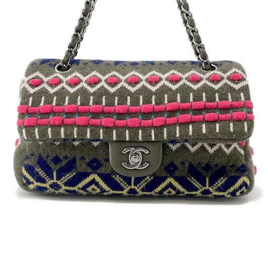 CHANEL CC Logo Knit Shoulder Bag Khaki/MulticolorA90848 Knit Size 25