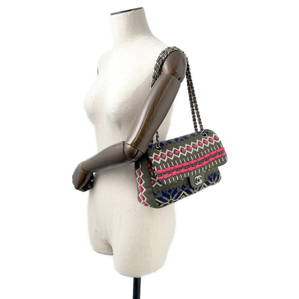 CHANEL CC Logo Knit Shoulder Bag Khaki/MulticolorA90848 Knit Size 25