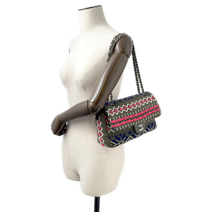 CHANEL CC Logo Knit Shoulder Bag Khaki/MulticolorA90848 Knit Size 25