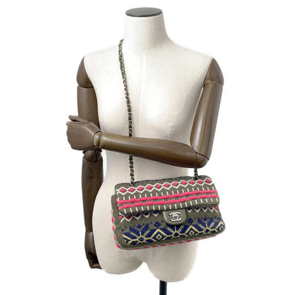 CHANEL CC Logo Knit Shoulder Bag Khaki/MulticolorA90848 Knit Size 25