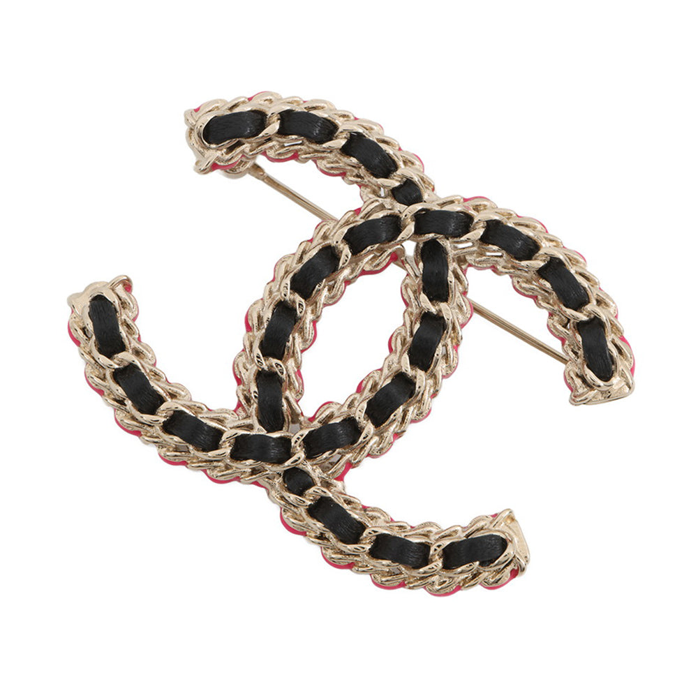 CHANEL CC Logo Brooch Black/Pink/GoldABB478 Metal Calf Leather