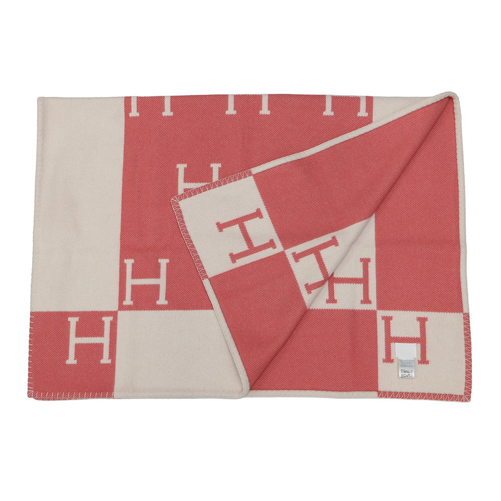 HERMES Plaid Avalon Blanket Rose・Errell/White Wool 90% Cashmere10%