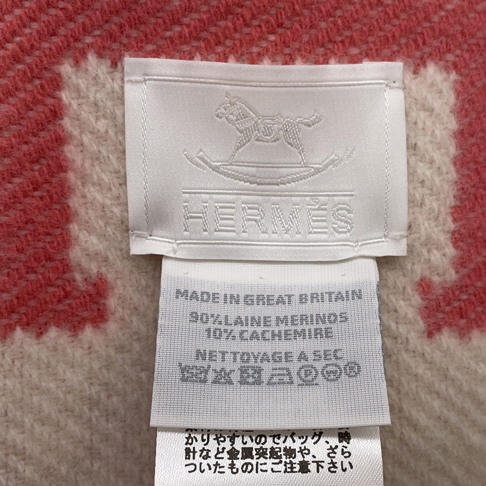 HERMES Plaid Avalon Blanket Rose・Errell/White Wool 90% Cashmere10%