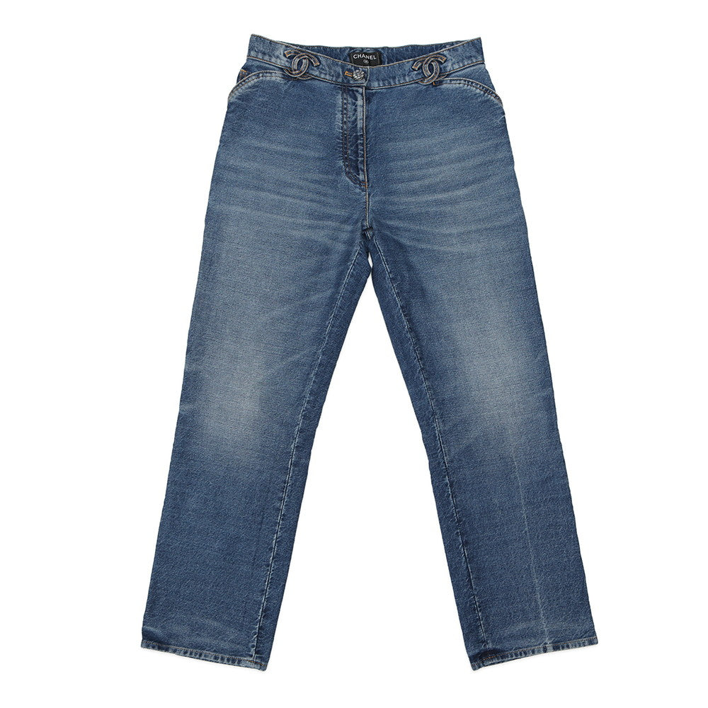 CHANEL CC Logo Washed Denim Pants Size 38 BlueP76791 Cotton100%