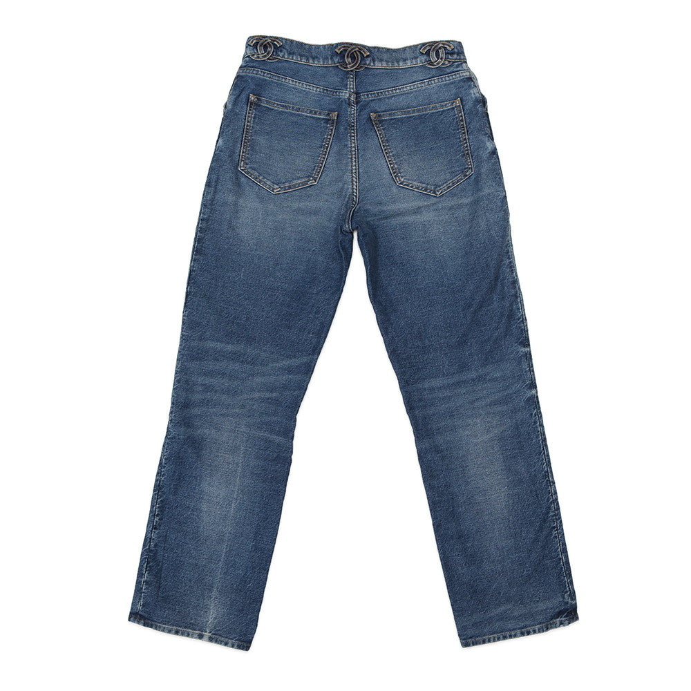 CHANEL CC Logo Washed Denim Pants Size 38 BlueP76791 Cotton100%