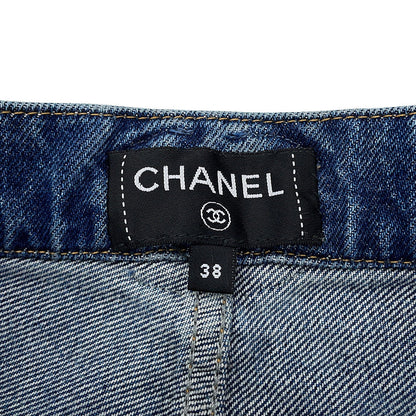 CHANEL CC Logo Washed Denim Pants Size 38 BlueP76791 Cotton100%