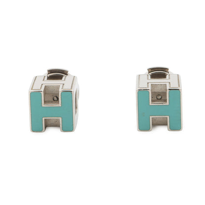 HERMES Cage Do Ash H Cube Earrings Light Blue Metal