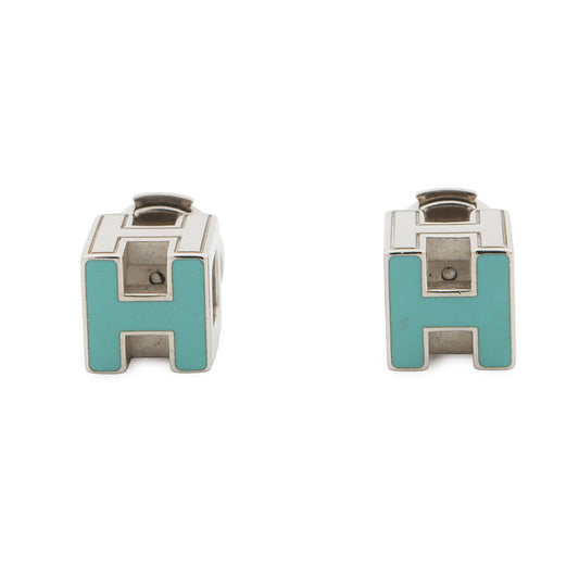 HERMES Cage Do Ash H Cube Earrings Light Blue Metal