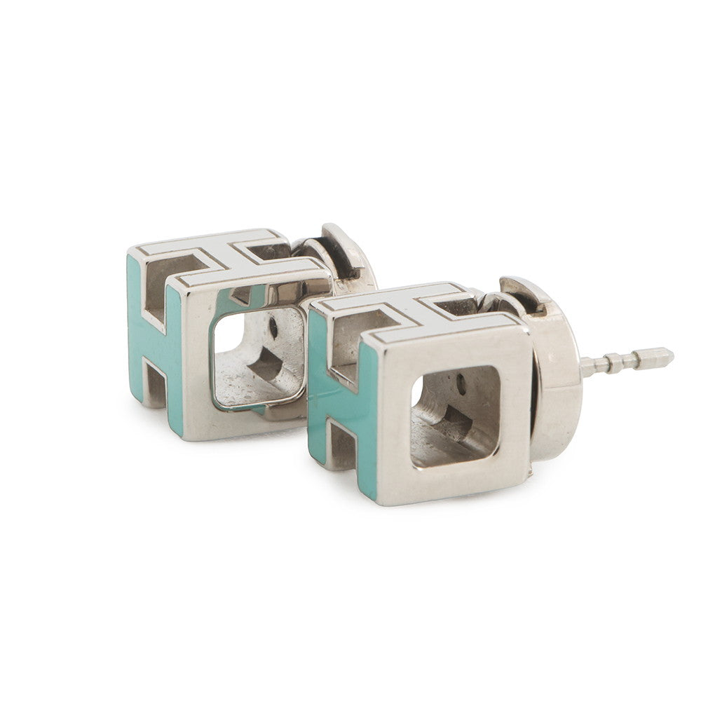 HERMES Cage Do Ash H Cube Earrings Light Blue Metal