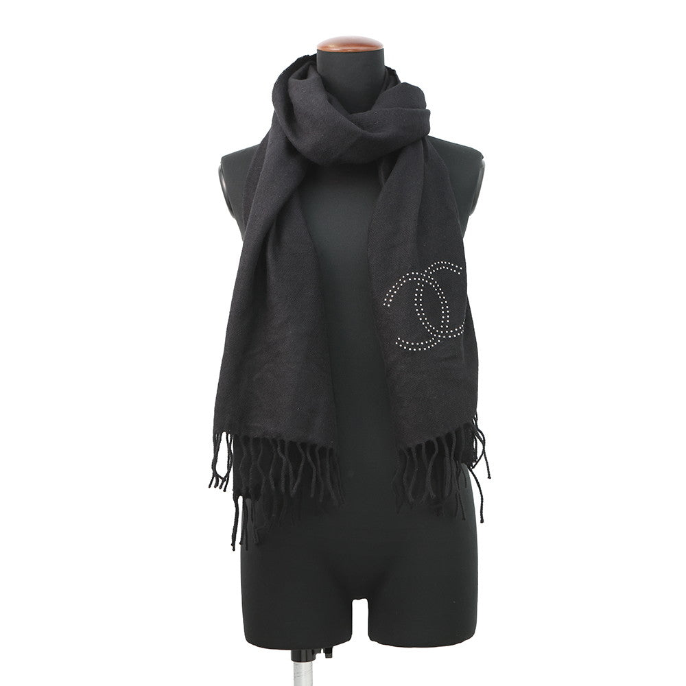 CHANEL Faux Pearl CC Logo Scarf Black Cashmere82% Silk18% Faux Pearl