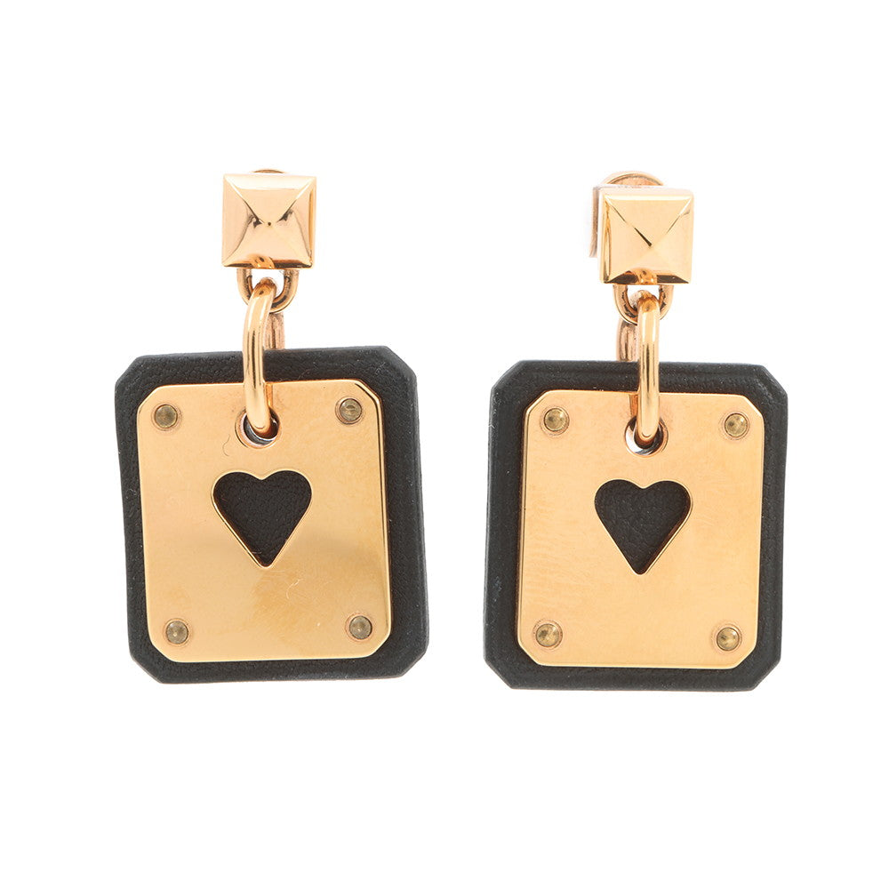 HERMES As de Coeur Heart Motif Earrings Black Gold Plated