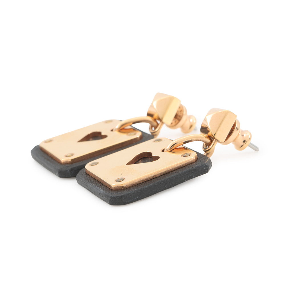 HERMES As de Coeur Heart Motif Earrings Black Gold Plated