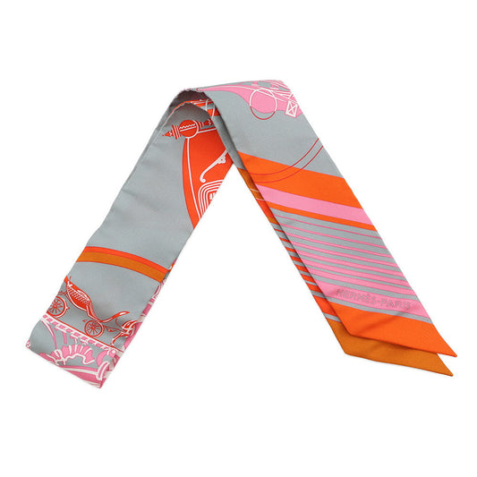 HERMES Twilly EX-LIBRIS Grease/Orange/Rose Bonbon Silk100%