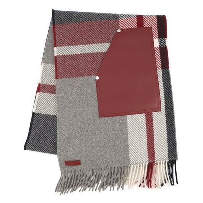 HERMES Cashmere Scarf (Tartan Pocket, Cuir, Applique) Gray/Marine/RougeHH259150S Cashmere100%