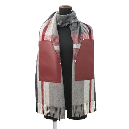 HERMES Cashmere Scarf (Tartan Pocket, Cuir, Applique) Gray/Marine/RougeHH259150S Cashmere100%