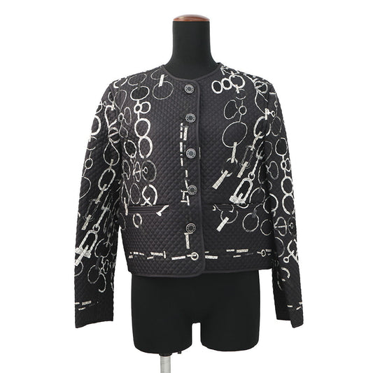 HERMES Do Re Boucles Quilted Collarless Jacket Size 38 Black3H0202D4 Silk100%