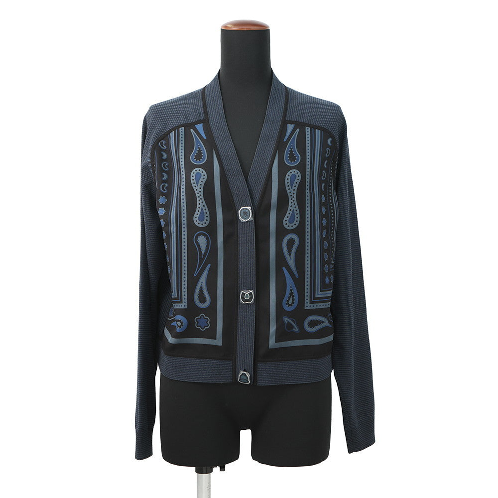 HERMES Twilleline long-sleeved cardigan in Candy Libris print Size 34 Noir Legris Fabric part Silk100% Knit part Wool 97%・Nylon2%・Polyurethane1%