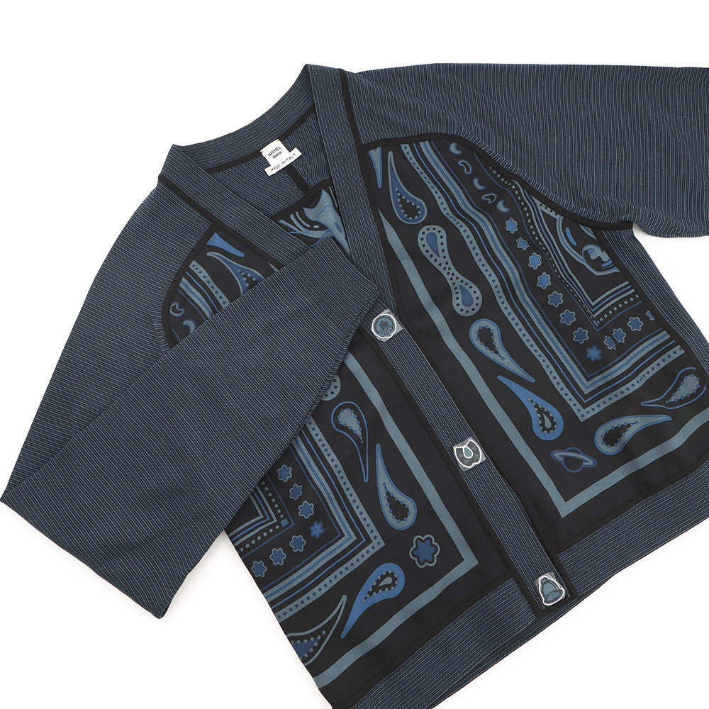 HERMES Twilleline long-sleeved cardigan in Candy Libris print Size 34 Noir Legris Fabric part Silk100% Knit part Wool 97%・Nylon2%・Polyurethane1%