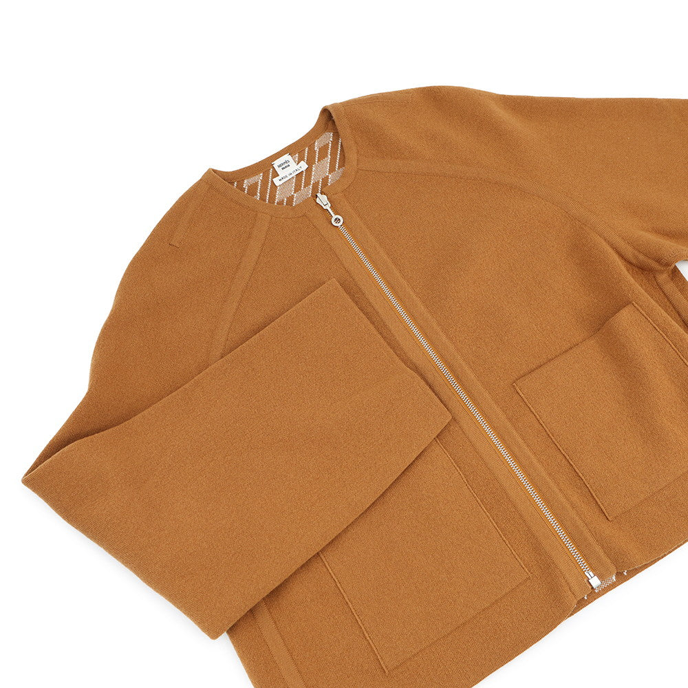 HERMES HenBiais H Ambie Reversible Knit Short Collarless Jacket Size 34 Brown Cashmere63% Cotton35% Nylon2%