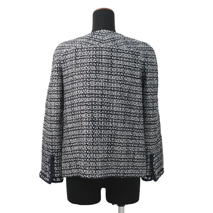 CHANEL Collarless Tweed Jacket Size 36 Gray/Navy/SilverP60886 Viscose 47% Polyamide 30% Cotton 16% Polyester 5% Metal Polyester 2%