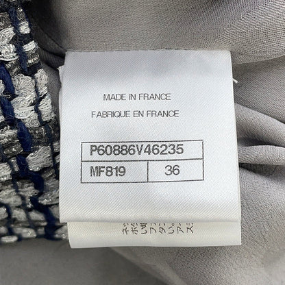 CHANEL Collarless Tweed Jacket Size 36 Gray/Navy/SilverP60886 Viscose 47% Polyamide 30% Cotton 16% Polyester 5% Metal Polyester 2%