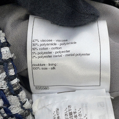 CHANEL Collarless Tweed Jacket Size 36 Gray/Navy/SilverP60886 Viscose 47% Polyamide 30% Cotton 16% Polyester 5% Metal Polyester 2%
