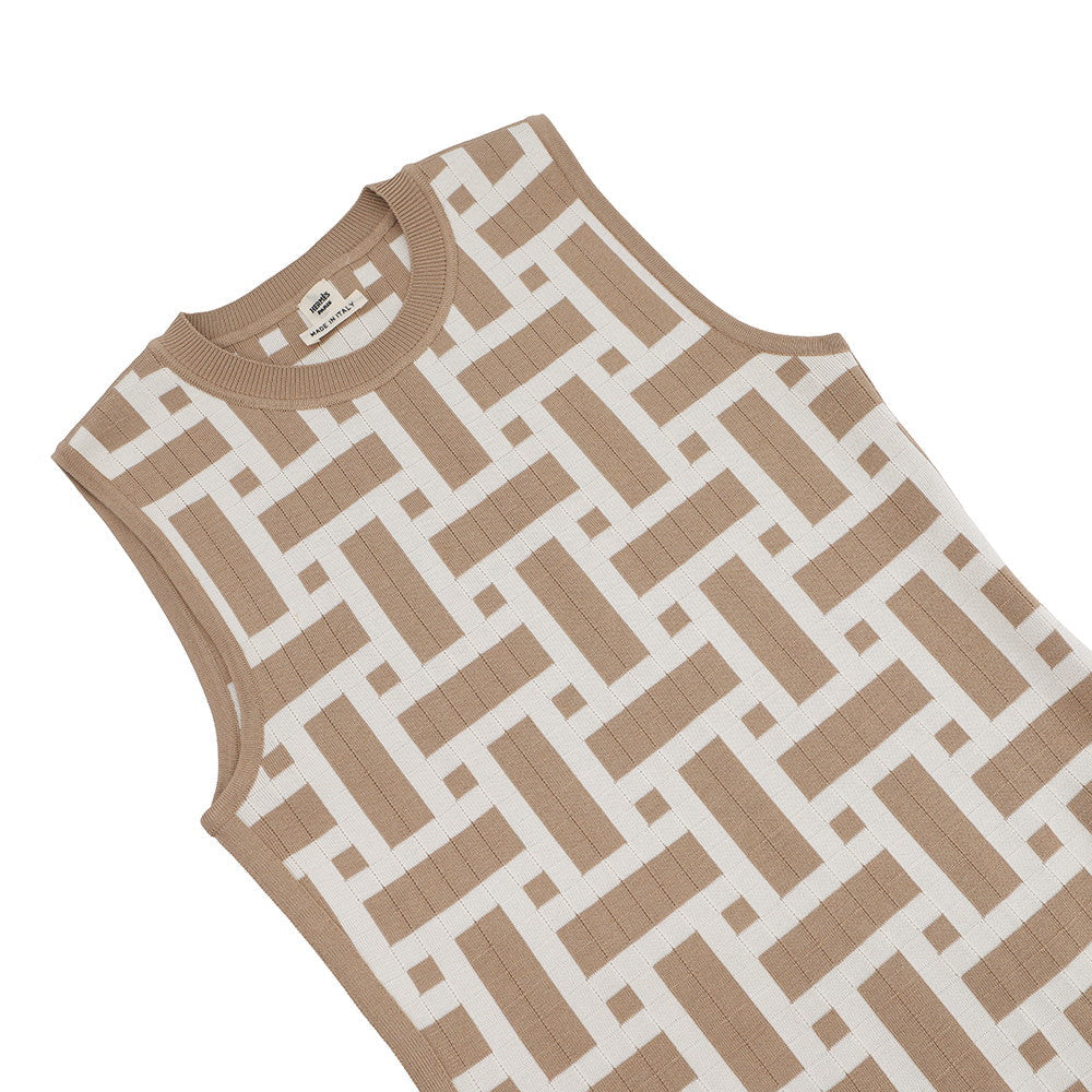 HERMES Mosaique motif sleeveless knit dress Size 38 Beige/White4E2536DJ Silk69% Cotton22% Nylon7% Polyurethane2%