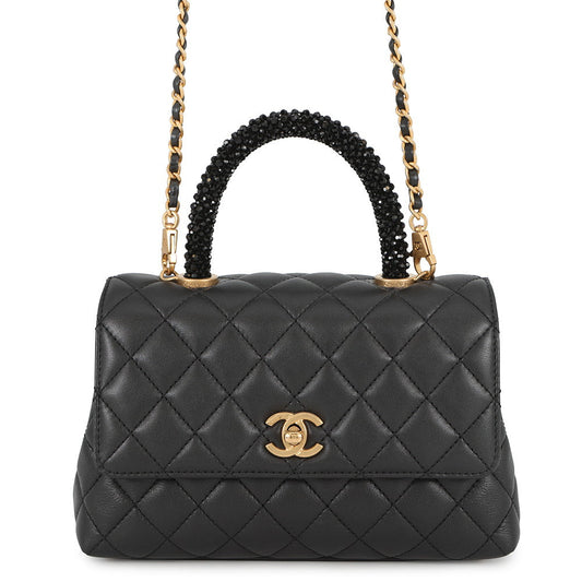 CHANEL Coco handle Dark Gray/BlackA92990 Lambskin beads Size Small