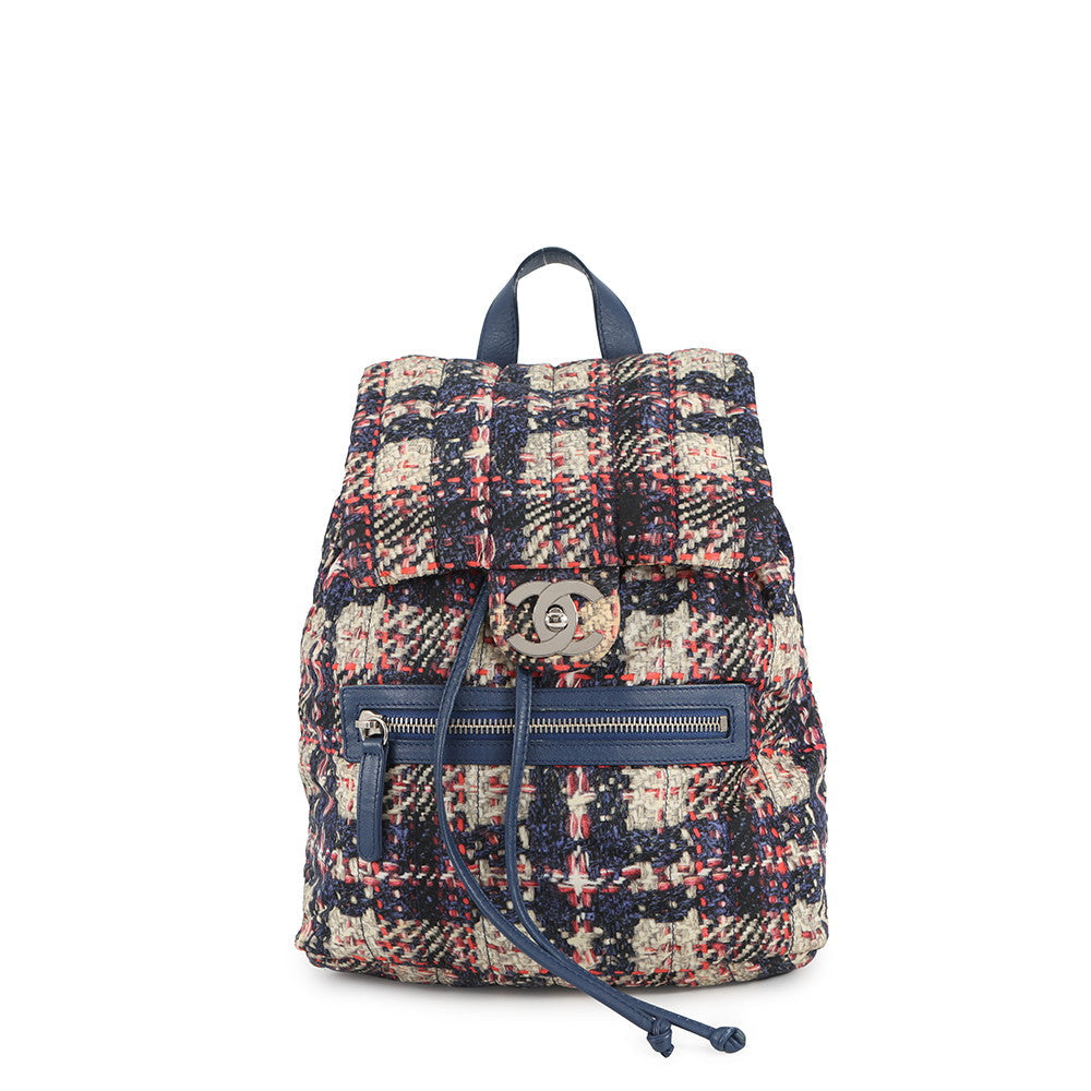 CHANEL CC Logo Tweed Print Backpack Blue/MulticolorA66445 Nylon Leather