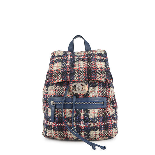 CHANEL CC Logo Tweed Print Backpack Blue/MulticolorA66445 Nylon Leather