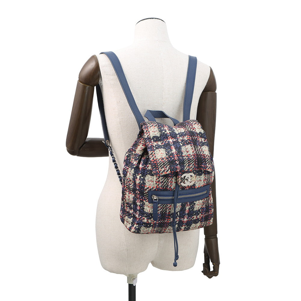 CHANEL CC Logo Tweed Print Backpack Blue/MulticolorA66445 Nylon Leather