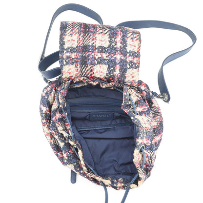 CHANEL CC Logo Tweed Print Backpack Blue/MulticolorA66445 Nylon Leather