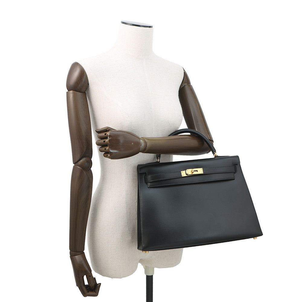 HERMES Kelly Sellier Black Box Calf Leather Size 32