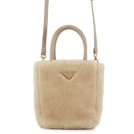 PRADA 2WAY Handbag Beige1BA392 Sheepfur Leather
