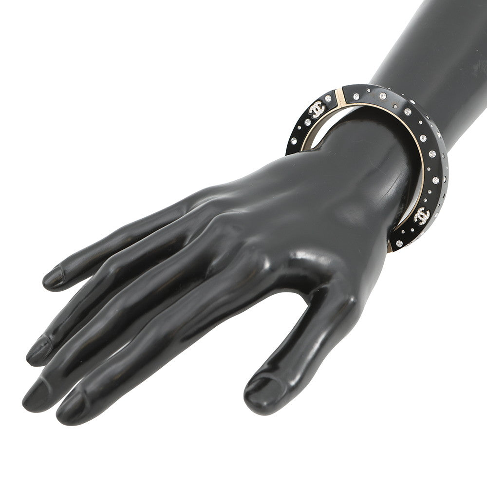 CHANEL Rhinestone Bangle Black Metal