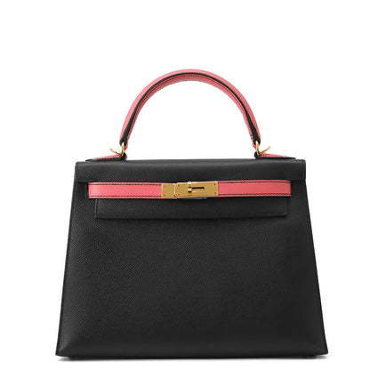 HERMES Kelly Sellier Rose Azalee/Black Epsom Size 28
