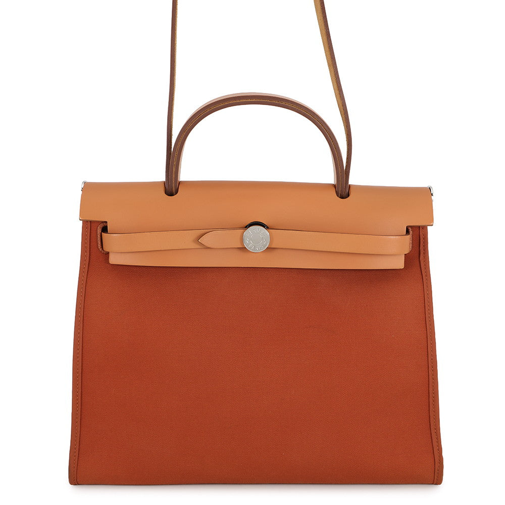HERMES Herbag zip Orange/Natural Toile H Vache Hunter Leather Size PM