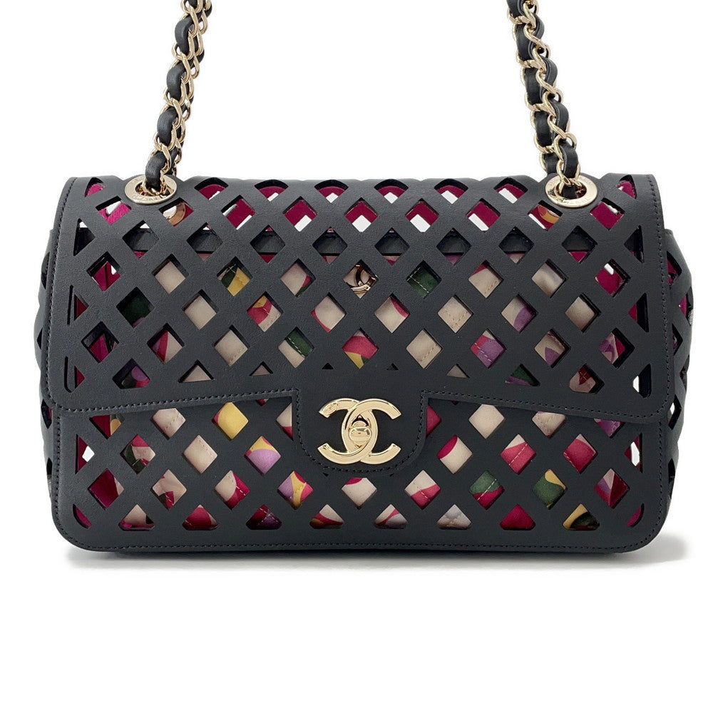 CHANEL Punching Chain Shoulder Bag Black/PinkAS2376 Calf Leather Size 25