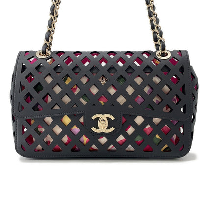 CHANEL Punching Chain Shoulder Bag Black/PinkAS2376 Calf Leather Size 25
